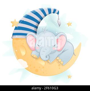 Simpatico elefante che dorme sulla luna. Divertente personaggio cartoon. Illustrazione vettoriale stock Illustrazione Vettoriale