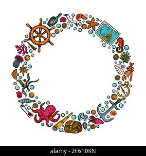 Frame avventure in mare. Oggetti vettoriali disegnati a mano. Illustrazione vettoriale stile Doodle Illustrazione Vettoriale