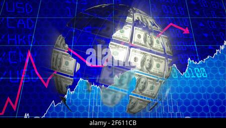 Composizione del trattamento dei dati finanziari in tutto il mondo formato con american bollette in dollari Foto Stock