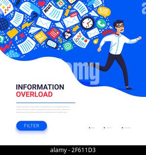 Concetto di sovraccarico di informazioni. Giovane uomo che si allontana dal flusso di informazioni che lo persegue. Concetto di una persona sopraffatta dalle informazioni. Vettore Illustrazione Vettoriale