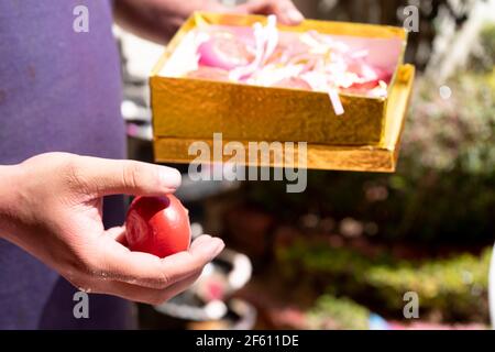 giovane indiano che porta gota gota gota sfera di polvere che è realizzato in lacca sottile e riempito con erbe in polvere organico Colore utilizzato in Jaipur rajasthan Foto Stock