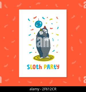 Biglietto di auguri o invito per una festa pigra. Festa animale. Un paio di sloths che ballano su una pista da ballo. Illustrazione vettoriale Illustrazione Vettoriale