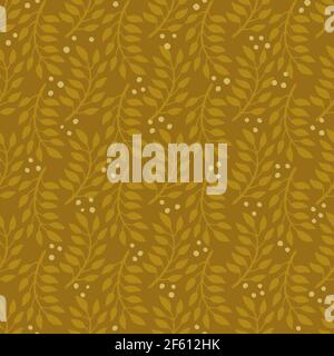 Modello di grano senza cuciture. Modello tessile di moda con rami decorativi su sfondo senape. Illustrazione vettoriale. Illustrazione Vettoriale
