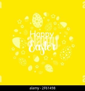Modello vettoriale con uova di pasqua ornamentali. Sfondo giallo di Pasqua per la stampa su tessuto, carta per scrapbooking, confezione regalo e sfondi. Illustrazione Vettoriale