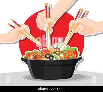 Shabu Shabu e Sukiyaki in hot pot al ristorante, bastoncini che tengono a mano mangiare Shabu shabu Illustrazione Vettoriale