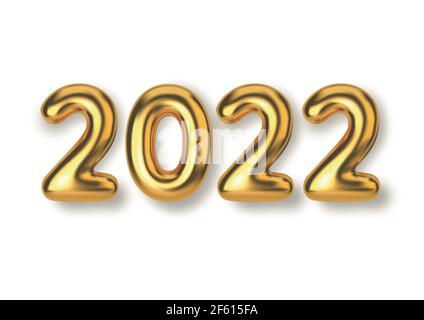 Felice anno nuovo 2022. Sfondo palloncini di testo in oro realistici. Modello orizzontale per prodotti, pubblicità, banner Web, volantini, certificati e. Illustrazione Vettoriale