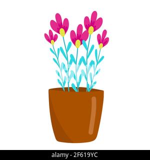 Porpora fiori piccoli in una pentola marrone, piante di casa, fiori di casa in stile cartone animato, oggetto vettore, disegno a mano, isolare sfondo bianco. Illustrazione Vettoriale