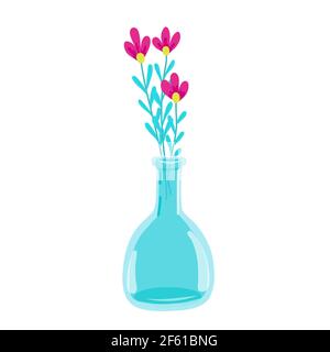 Fiori in un vaso di vetro alto, caraffa di vetro, delicati fiori viola, fiori di primavera, illustrazione vettoriale in stile cartoon, piatto. Illustrazione Vettoriale