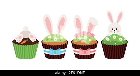 Coniglietto pasquale cupcakes set isolato su sfondo bianco. Illustrazione Vettoriale