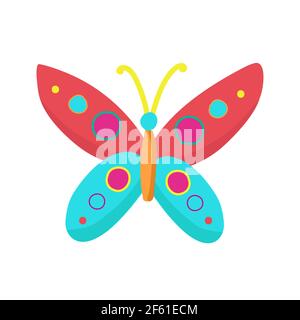 Farfalla colorata brillante in stile cartoon, oggetto vettoriale su sfondo bianco, insetto con ali.Stampa per i vestiti del bambino, adesivo Illustrazione Vettoriale