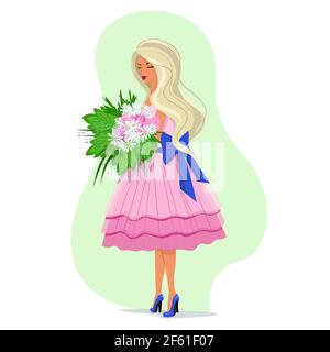 Ragazza in un vestito rosa che tiene un bouquet lussureggiante di margherite nelle sue mani, lunghi capelli biondi che flettono nel vento, vettore in stile piatto, primavera carina Illustrazione Vettoriale