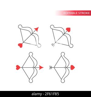 Arco e freccia con icona del vettore della linea cardiaca. Simbolo contorno Cupido, tratto modificabile. Illustrazione Vettoriale