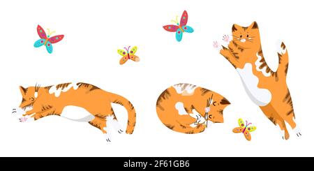 Insieme di gatti in diverse pose, divertenti gattini rossi, gatto saltando per una farfalla, animali carini in stile cartoon, oggetti vettoriali su uno sfondo bianco, mano Illustrazione Vettoriale