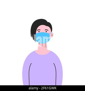 Una donna bianca che indossa una maschera medica isolata su sfondo bianco. Protezione del coronavirus, misure di prevenzione delle pandemie. Concetto di prevenzione COVID-19 Illustrazione Vettoriale