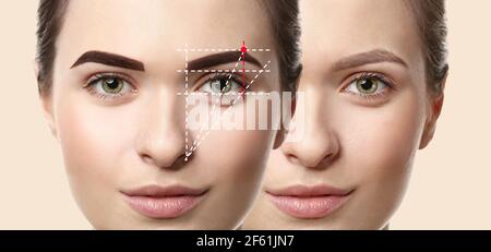 Giovane donna prima e dopo la correzione sopracciglia su sfondo chiaro, closeup Foto Stock