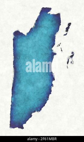 Mappa Belize con linee tracciate e illustrazione blu acquerello Foto Stock