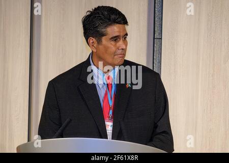 Taipei, Taiwan. 29 marzo 2021. Surangel Whipps Jr., Presidente di Palau, parla durante una conferenza stampa tenuta dal Ministero degli Affari Esteri di Taiwan (MOFA) Taipei.Palau Presidente è a Taiwan per una visita di cinque giorni dal 28 marzo al 01 aprile per lanciare una 'bolla di viaggio', consentendo viaggi tra Taiwan e Palau con meno restrizioni COVID-19. Credit: SOPA Images Limited/Alamy Live News Foto Stock