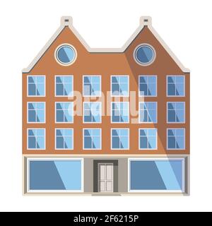 Antica casa europea di colore arancio nel tradizionale stile olandese con un doppio tetto a tegole, finestre a mansarda rotonde e grandi magazzini. Illustrazione vettoriale Illustrazione Vettoriale