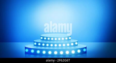 Splendido palco 3D Podium con luci incandescenti e faretti. Disegno di sfondo 3D con rendering astratto Foto Stock