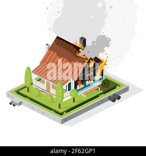 Edificio residenziale suburbano su fuoco acceso. Concetto isometrico. Fumo denso. Pericolo di emergenza. Illustrazione vettoriale. Illustrazione Vettoriale