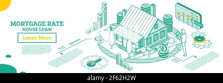 Prestito di casa o investimento di soldi al bene immobile. Tasso ipotecario. Illustrazione vettoriale. Concetto di struttura isometrica con edificio residenziale. Illustrazione Vettoriale