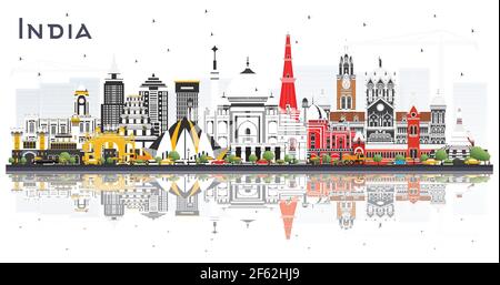 India City Skyline con edifici a colori e riflessi isolati su bianco. Delhi. Mumbai, Bangalore, Chennai. Illustrazione vettoriale. Illustrazione Vettoriale