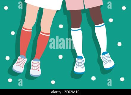 Gambe uomo e donna in calze e sneakers cool su campo in fiore con fiori margherita Illustrazione Vettoriale