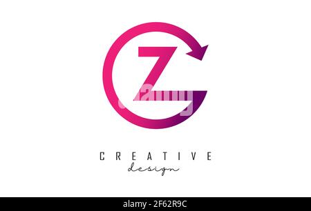 Logo con lettera Z rosa con cornice circolare e freccia. Illustrazione vettoriale creativa con colore rosa e lettera Z. Illustrazione Vettoriale