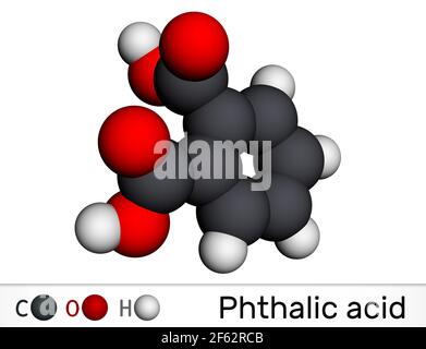 Acido ftalico, molecola di acido benzendicarbossilico. Si tratta di acido bicarbossilico aromatico. Modello molecolare. Rendering 3D. Illustrazione 3D Foto Stock