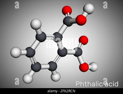 Acido ftalico, molecola di acido benzendicarbossilico. Si tratta di acido bicarbossilico aromatico. Modello molecolare. Rendering 3D. Illustrazione 3D Foto Stock