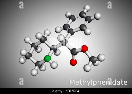 Metilfenidato, MP, molecola MPH. È stimolante del sistema nervoso centrale. Usato nel trattamento del disturbo da deficit di attenzione e iperattività, ADHD. Molecolare Foto Stock