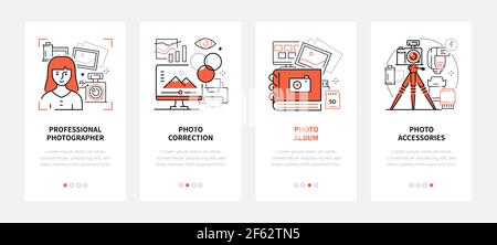 Fotografia - banner Web in stile design moderno con spazio di copia per il testo. Servizi, attrezzature e programmi professionali per fotografi. Foto corretta Illustrazione Vettoriale