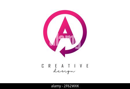 Rosa UN disegno del logo della lettera con la cornice e la freccia del cerchio. Illustrazione vettoriale creativa con colore rosa e lettera A. Illustrazione Vettoriale
