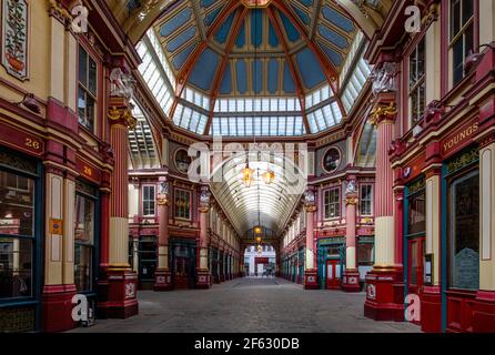 Città di Londra Inghilterra Regno Unito marzo 2021 Leadenhal Market vuoto durante Covid 19 Lockdown marzo 2021 Leadenhall Market. Leadenhall Market è un marchio coperto Foto Stock