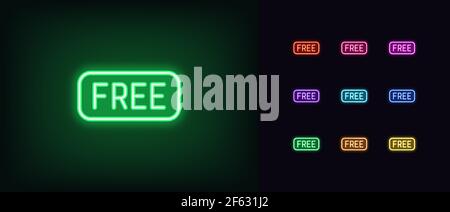 Icona tag neon free. Simbolo di testo al neon brillante, pittogramma e silhouette dai colori vivaci. Etichetta dell'offerta promozionale per ordine gratuito, consegna a. Illustrazione Vettoriale