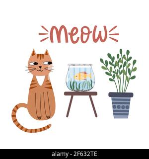 Composizione di un gatto carino, acquario con pesci rossi Illustrazione Vettoriale