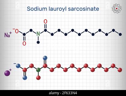 Sodio lauroil sarcosinato, sodio lauroilsarcosinato, molecola di sarkosil. Si tratta di tensioattivi anionici biodegradabili derivati da sarcosina. Foglio di pap Illustrazione Vettoriale