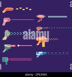 Cartoon set di futuristico blaster colorato con raggio. Illustrazione Vettoriale