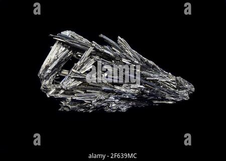 Campione di stibnite, dalla Cina. 174 grammi. Cristalli prismatici sottili, colore grigio iridescente riflettente. 4 pollici di lunghezza. Sfondo nero. Foto Stock