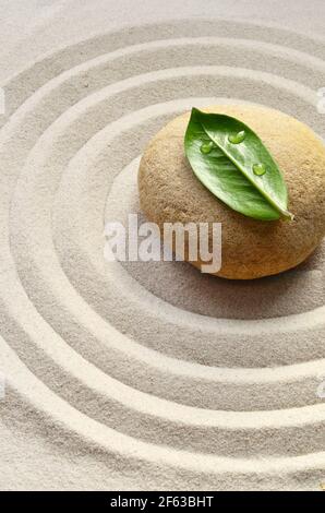 Sabbia, cerchi e pietra. Foglia verde. Concetto di spa. Foto Stock