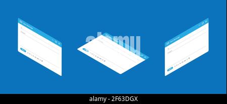 Illustrazione vettoriale dell'interfaccia di posta elettronica impostata in isometrica. Finestre dei messaggi vuote su sfondo blu Vector EPS 10 Illustrazione Vettoriale