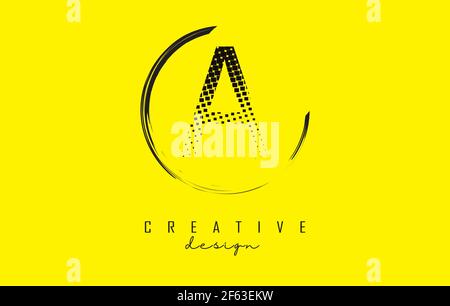 Nero UN disegno del logo della lettera con i punti neri e la cornice del cerchio su sfondo giallo luminoso. Illustrazione vettoriale creativa con colore rosa e lettera A. Illustrazione Vettoriale