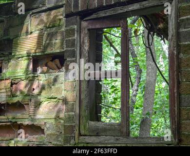 abbandonata struttura in mattoni nei boschi Foto Stock