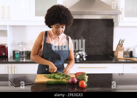 Donna afroamericana in cucina che prepara il cibo Foto Stock