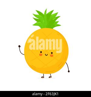 Carino divertente personaggio frutto ananas. Icona raffigurante il carattere kawaii del fumetto disegnato a mano del vettore. Isolato su sfondo bianco. Concetto di carattere di frutta di ananas Illustrazione Vettoriale