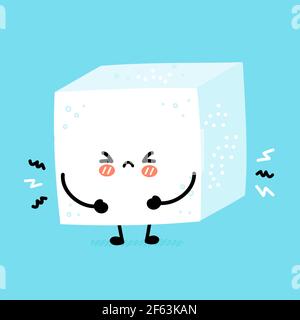 Carino divertente triste pezzo di zucchero cubo carattere. Icona di illustrazione del carattere kawaii della cartoon vettoriale a linea piatta. Concetto di carattere cubico di zucchero Illustrazione Vettoriale