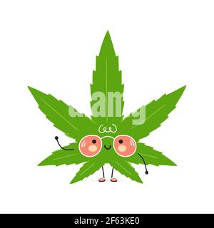 Carino divertente Weed marijuana foglia carattere. Icona raffigurante il carattere kawaii del fumetto disegnato a mano del vettore. Isolato su sfondo bianco. Concetto di carattere foglia di marijuana erbaccia Illustrazione Vettoriale