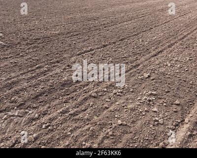 Terra arabile. Preparazione di campo per piantare. Arato suolo in primavera tempo . Lavori agricoli. Foto Stock