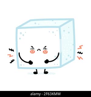 Carino divertente triste pezzo di zucchero cubo carattere. Icona di illustrazione del carattere kawaii della cartoon vettoriale a linea piatta. Isolato su sfondo bianco. Concetto di carattere cubico di zucchero Illustrazione Vettoriale