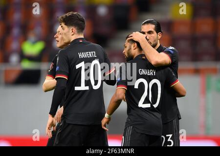 Giubilazione su 0-1: Da sinistra a destra Lukas Klostermann, Kai Havertz, Serge Gnabry, Emre Can (Germania) GES/Football/WM-Qualifikation: Romania - Germania, 03/28/2021 Calcio: Partita di qualificazione Coppa del mondo: Romania vs Germania, Bucarest, Romania, 28 marzo 2021 | utilizzo in tutto il mondo Foto Stock